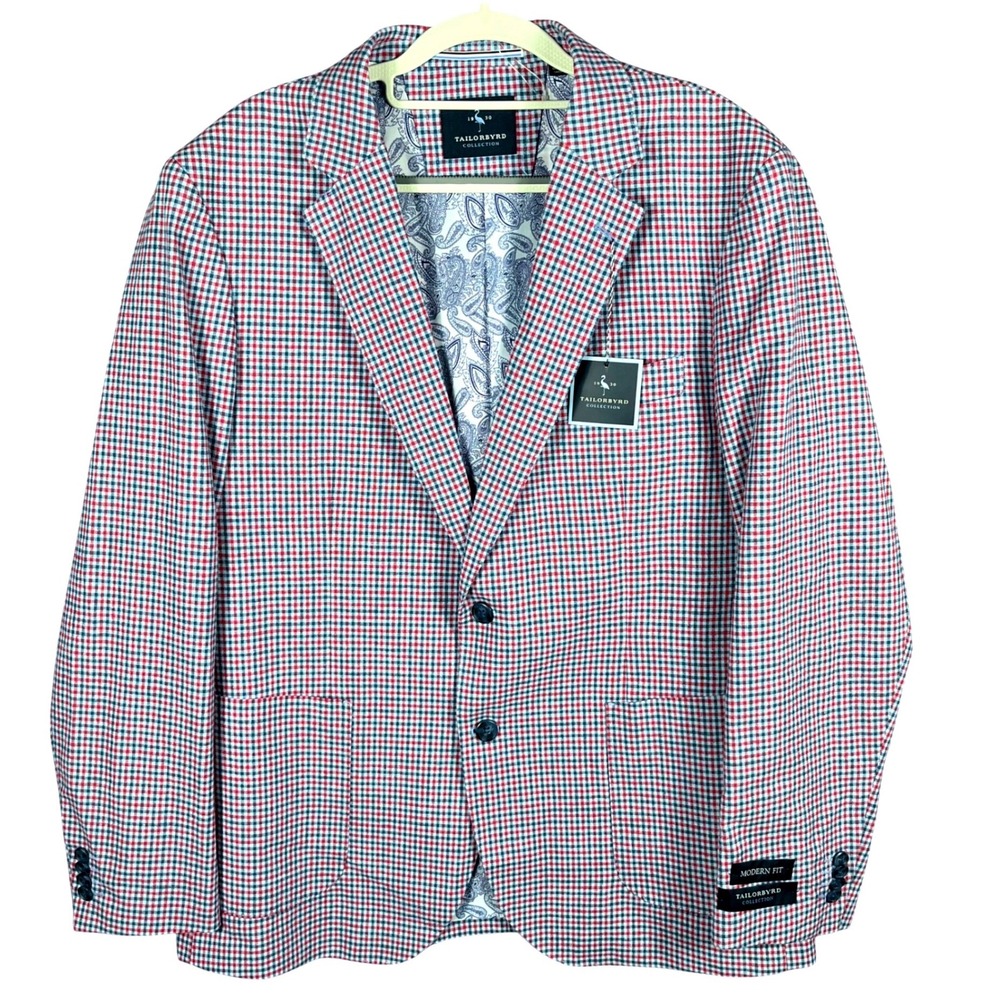 Tailorbyrd Blazer Mens 44R Blue Red Gingham Linen Cotton Modern Fit Sport Coat
